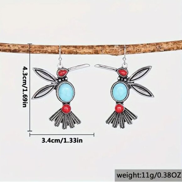 NEW Silver Plated Turquoise Blue and Red Stone Hummingbird Drop Earrings - Picture 4 of 4